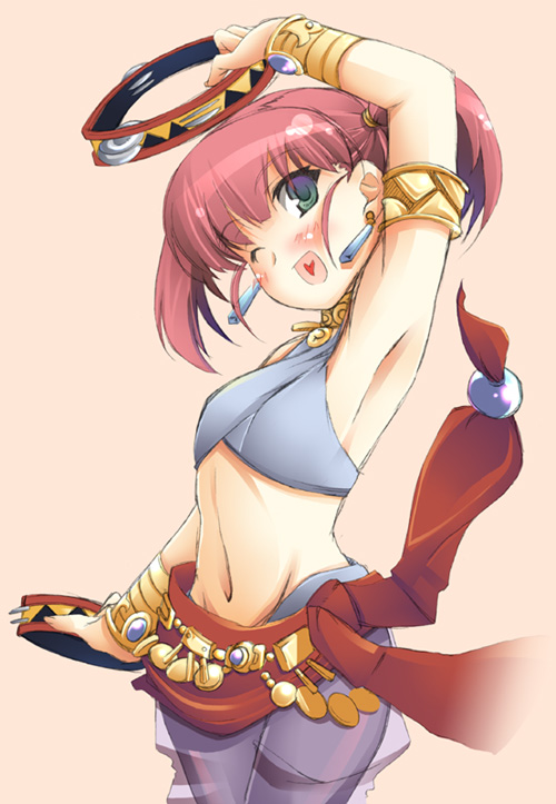 1girl, ;d, arm_up, armlet, armpits, atlus, bard, bard_(sekaiju)