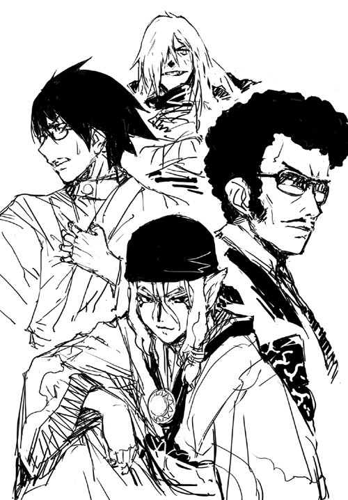 4boys, afro, bandanna, black_hair, blonde_hair, crossover, facepaint, glasses