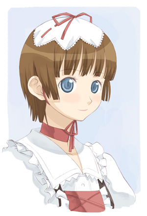 1girl, blue_background, blue_eyes, border, brown_hair, choker, coyote_ragtime_show, dress