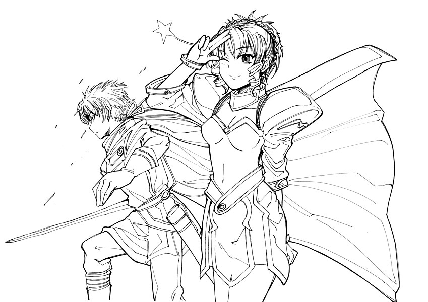 00s, 1boy, 1girl, cape, lineart, monochrome, morisoban, pacifica_casull