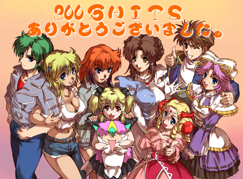 6+girls, asymmetrical_clothes, banpresto, belt, blonde_hair, bow, breasts, brown_hair