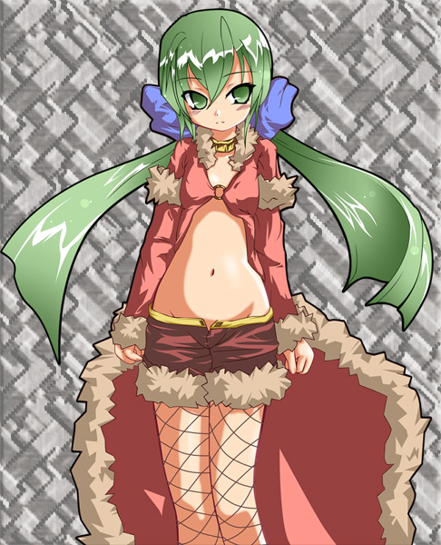 fishnet_pantyhose, fishnet_stockings, fishnets, fur, green_eyes, green_hair, kazami_karasu, legwear_under_shorts