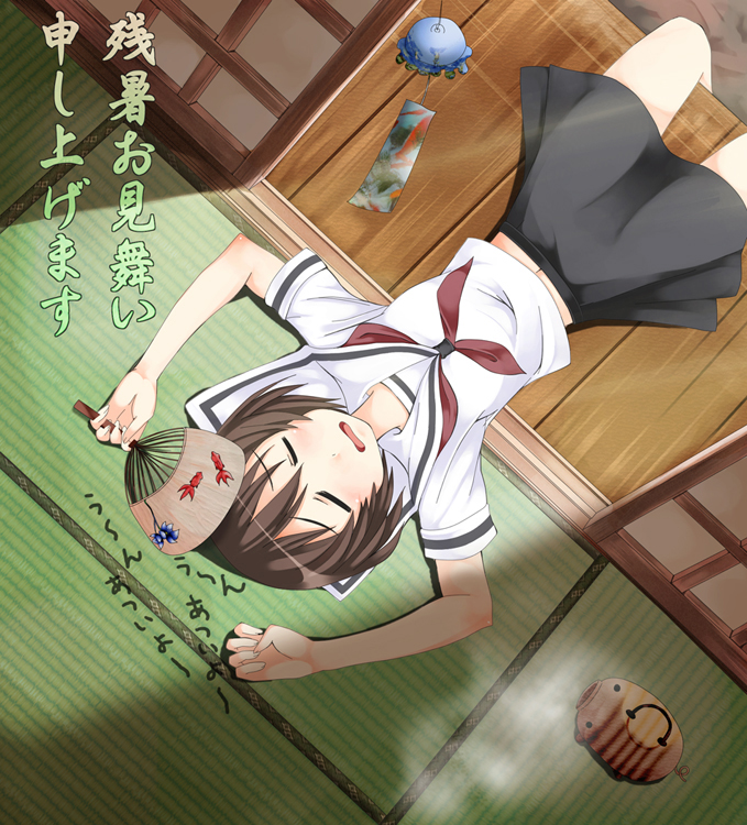 1girl, arms_up, brown_hair, closed_eyes, fan, fourthcape, from_above, hitotsubashi_yurie