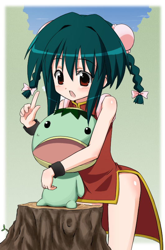 aikei, aqua_hair, blush, bracelet, braid, bun_cover, china_dress, chinese_clothes, double_bun, dress, hair_ribbon, hug, hug_from_behind, jewelry, kappa, mei_mei_(nagasarete_airantou), nagasarete_airantou, open_mouth, pointing, red_eyes, ribbon, short_hair, thighs, toono_(nagasarete_airantou), tree, tree_stump, twin_braids