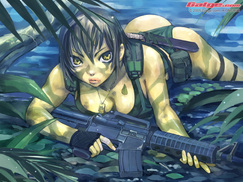1girl, assault_rifle, bandage, breasts, camouflage, cleavage, commando, dog_tags