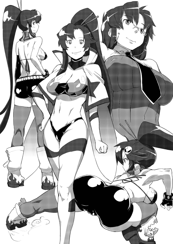 1girl, ass, bikini, bikini_top, boots, breasts, glasses, gloves, long_hair, looking_back, monochrome, navel, ponytail, sfix, skull, smile, suka_kusujirou, swimsuit, tengen_toppa_gurren_lagann, thigh-highs, very_long_hair, yoko_littner, yomako, zipper