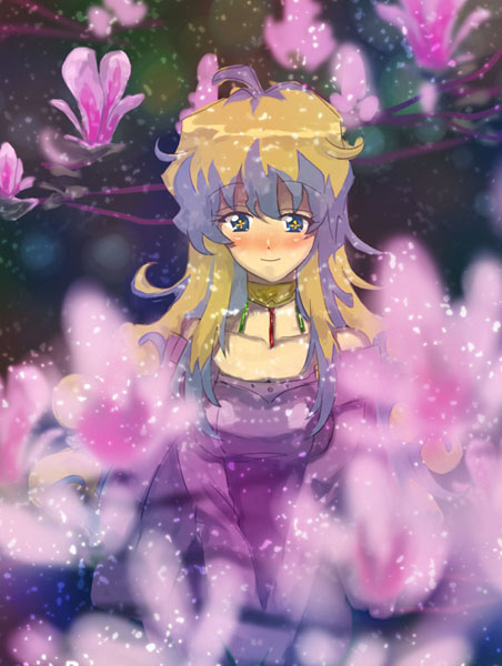 1girl, blue_eyes, blue_hair, blurry, blush, depth_of_field, dress, flower