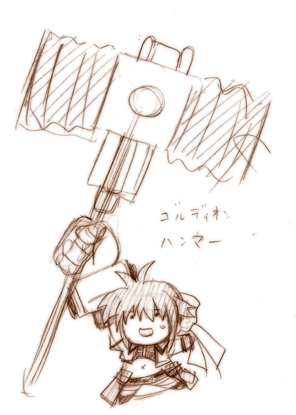 1girl, brown, gaogaigar, goldion_hammer, goldymarg, hagane_soushi, lyrical_nanoha, mahou_shoujo_lyrical_nanoha
