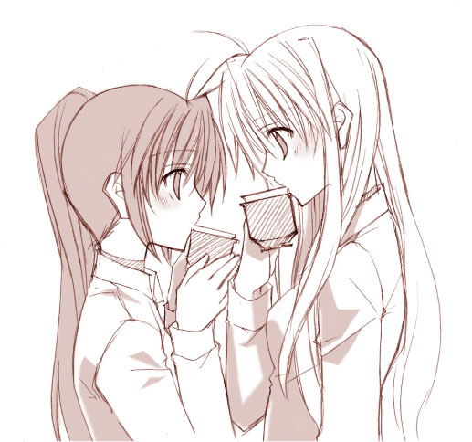 2girls, cup, eye_contact, fate_testarossa, looking_at_another, lyrical_nanoha, mahou_shoujo_lyrical_nanoha, mahou_shoujo_lyrical_nanoha_strikers