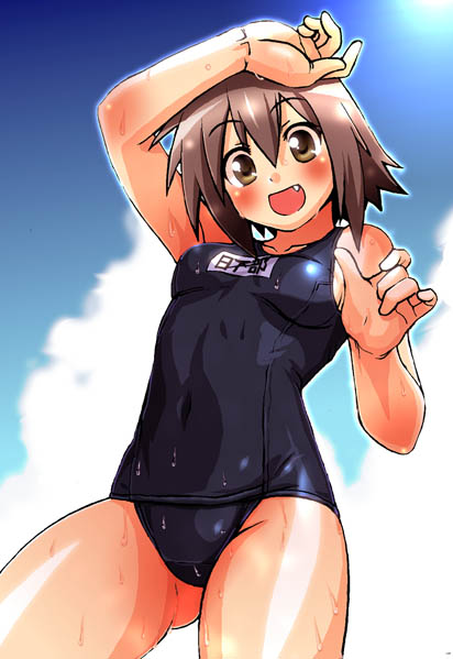 1girl, blush, fang, itokatsu, kusakabe_misao, lucky_star, name_tag, one-piece_swimsuit, school_swimsuit, solo, sweat, swimsuit