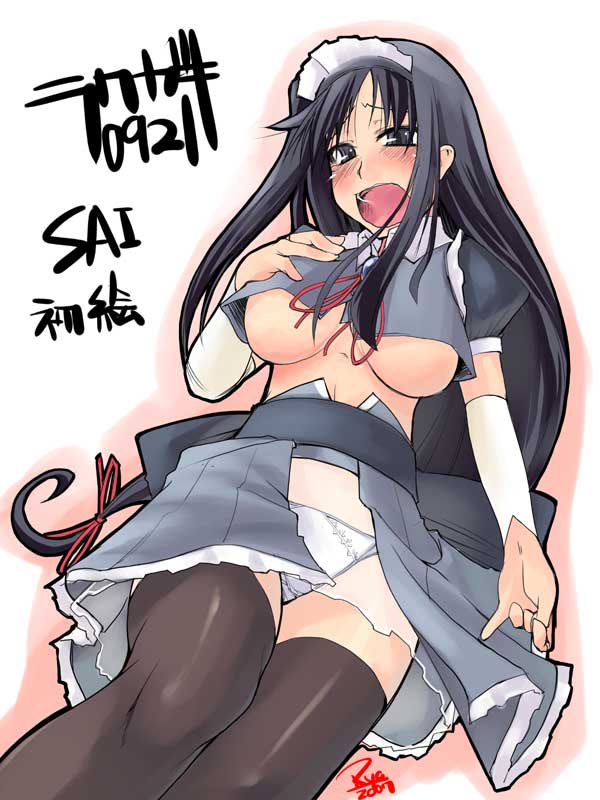 1girl, black_hair, breasts, large_breasts, maid, open_mouth, original, panties