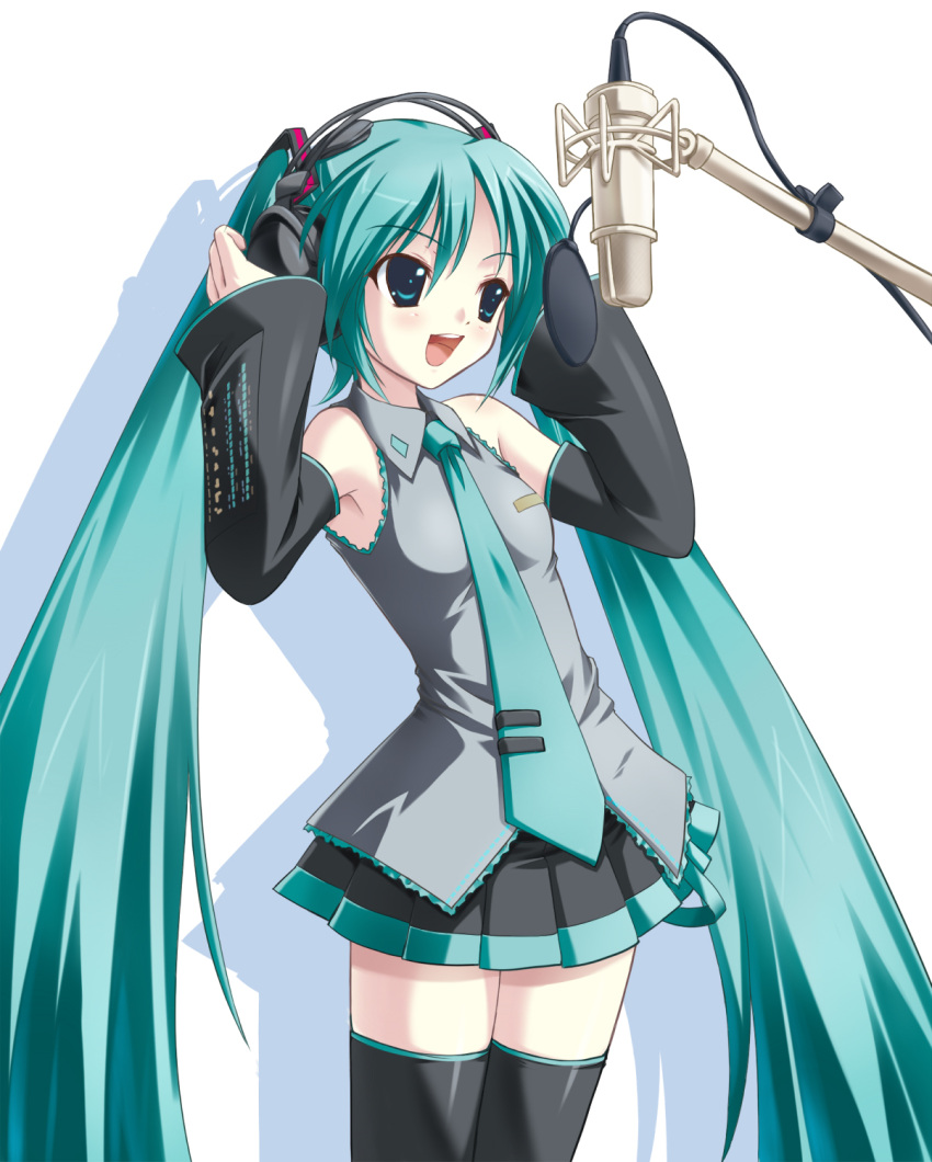 1girl, amino, amino_kohaku, aqua_hair, aqua_necktie, hands_on_headphones, hatsune_miku, headphones, highres, long_hair, microphone, microphone_stand, necktie, solo, thigh-highs, twintails, very_long_hair, vocaloid