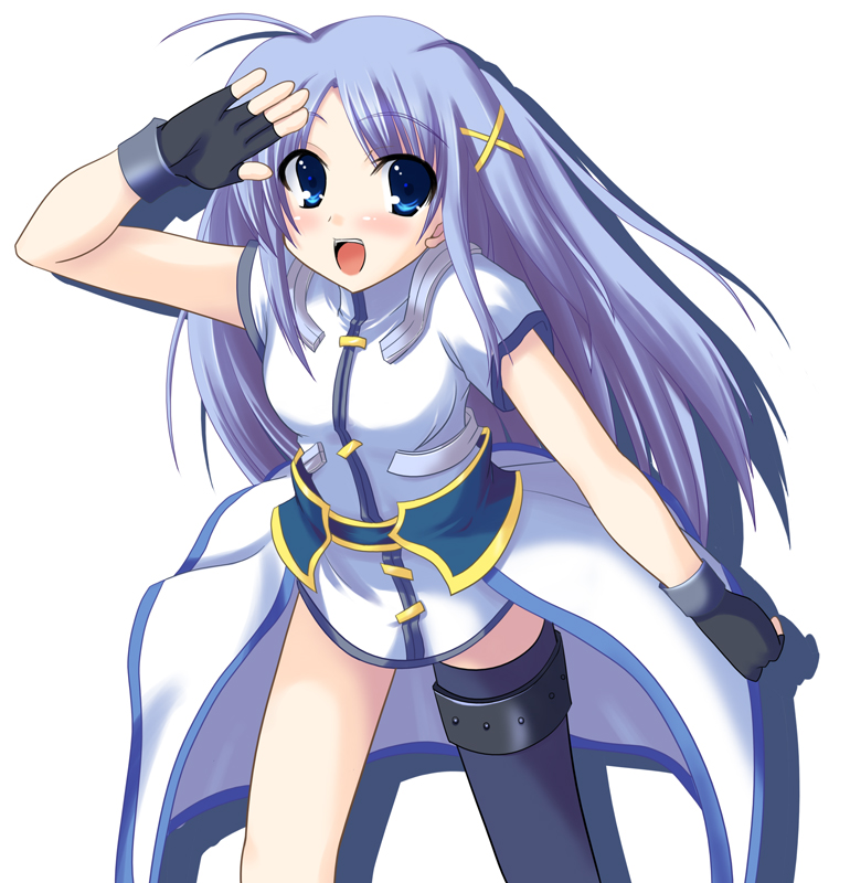 1girl, blue_eyes, blue_hair, fingerless_gloves, gloves, hair_ornament, johnny_(from_scratch), long_hair