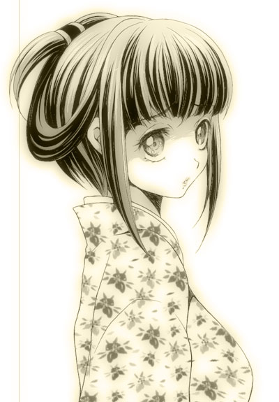 1girl, bangs, blunt_bangs, floral_print, from_side, ichimai_ugou, japanese_clothes, kimono