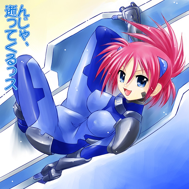 1girl, ayato, blue_eyes, bodysuit, lyrical_nanoha, mahou_shoujo_lyrical_nanoha, mahou_shoujo_lyrical_nanoha_strikers, number, numbers_(nanoha), redhead, solo, translated, wendi_(nanoha)