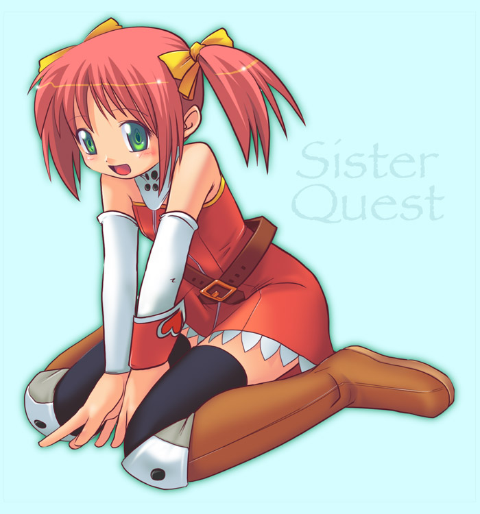 1girl, belt, black_legwear, boots, bow, chiffon_(sister_quest), copyright_name, green_eyes