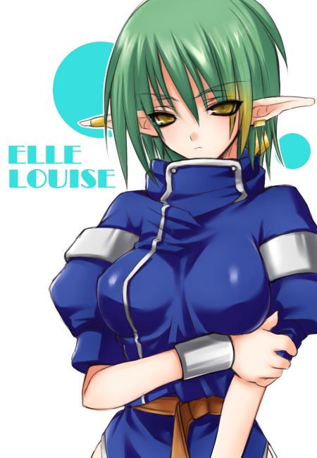 1girl, character_name, elle_louise, green_hair, kooriyama_ichirou, koriyama_shashi, pointy_ears, solo, yellow_eyes, yuukyuu_gensoukyoku