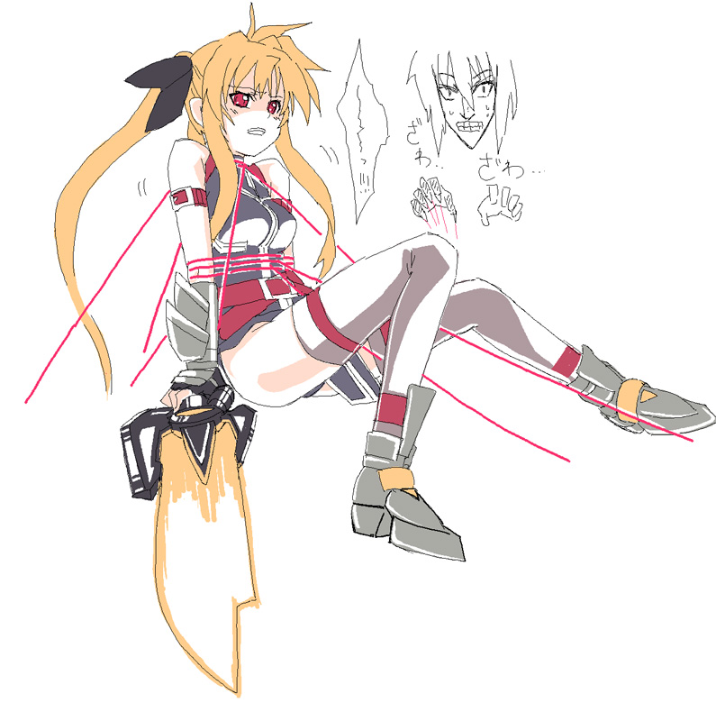 1girl, bardiche, blonde_hair, bound, energy_sword, fate_testarossa, fingerless_gloves, gloves