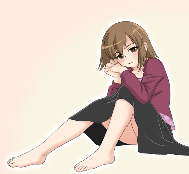 1girl, barefoot, beige_background, black_skirt, brown_eyes, brown_hair, feet, full_body