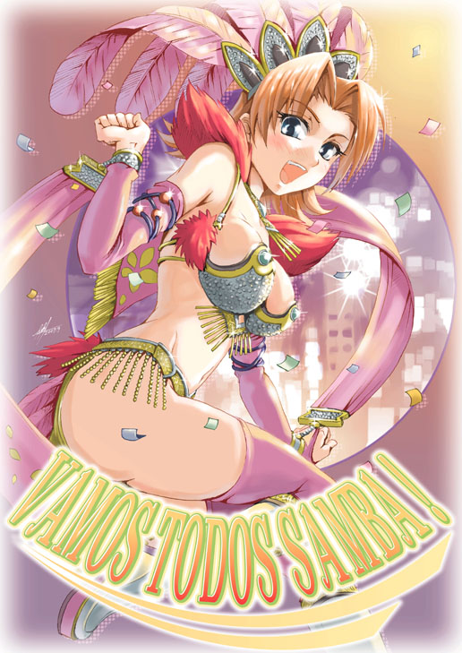 1girl, bare_shoulders, bikini, bikini_top, blonde_hair, blue_eyes, brazil, detached_sleeves