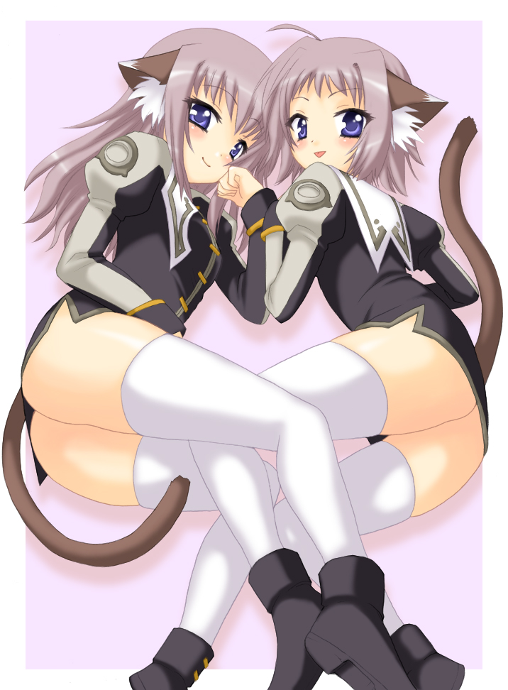 2girls, animal_ears, cat_ears, cat_tail, familiar, lieze_aria, lieze_lotte, lyrical_nanoha