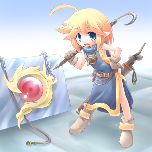 1girl, ahoge, belt, blonde_hair, blue_eyes, blush, chains, fairy
