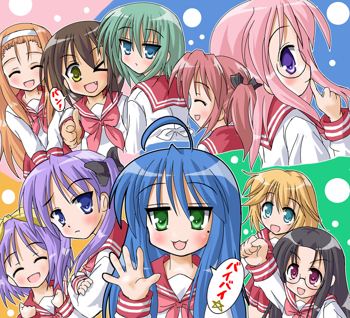 6+girls, :d, ahoge, blonde_hair, blue_eyes, blue_hair, blush, brown_eyes