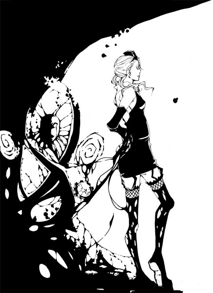1girl, d.gray-man, dress, elbow_gloves, eliade, gloves, inoue_nawo, monochrome