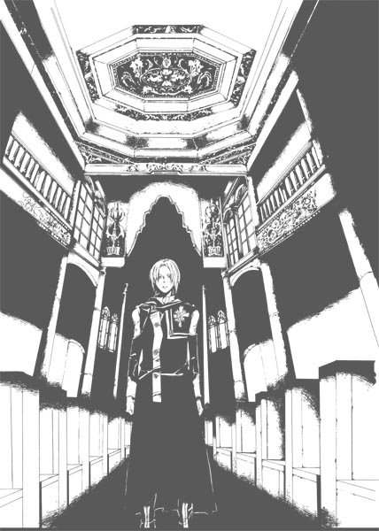 1boy, allen_walker, church, d.gray-man, inoue_nawo, male_focus, monochrome, solo