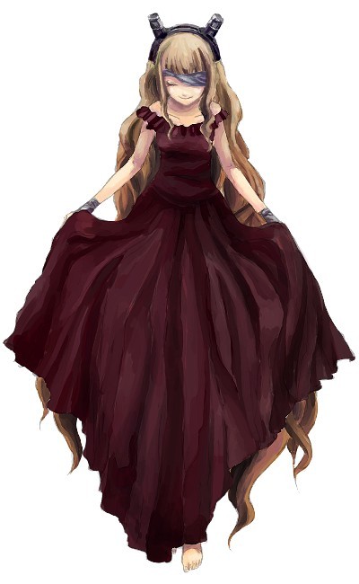 1girl, barefoot, blonde_hair, brown_hair, closed_eyes, d.gray-man, dress, dress_lift