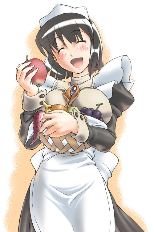 1girl, ^_^, apple, apron, basket, black_hair, blush, closed_eyes