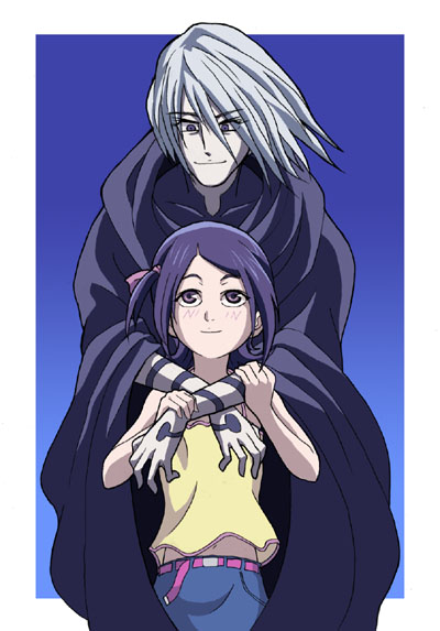 1boy, 1girl, belt, blue_background, border, buckle, cloak, cowboy_shot, denim, height_difference, jeans, kaminogi_haruka, karasu, karasu_(noein), long_sleeves, looking_at_viewer, looking_up, noein, pants, purple_hair, short_hair, silver_hair, simple_background