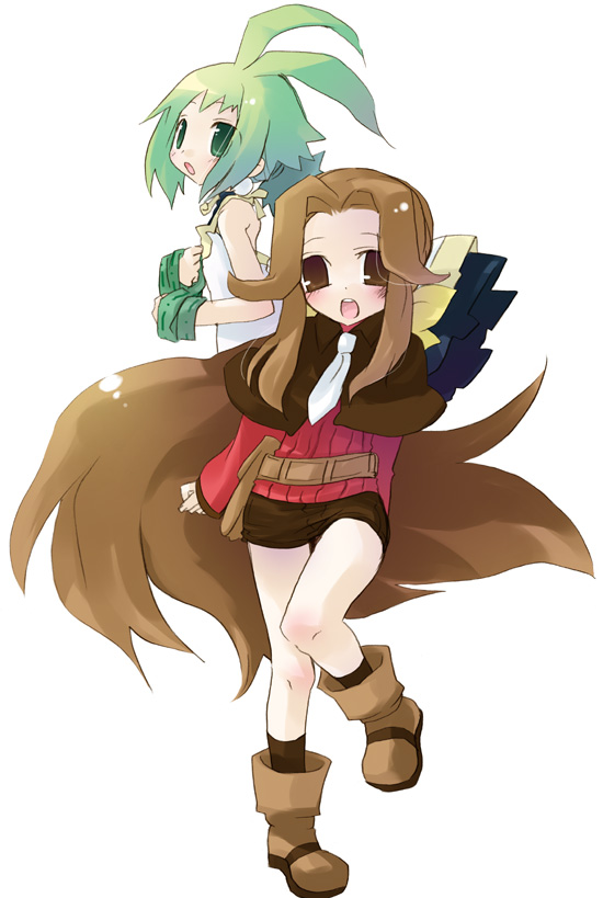 2girls, brown_hair, castille, castille_(phantom_brave), green_eyes, green_hair, long_hair, marona_(phantom_brave)