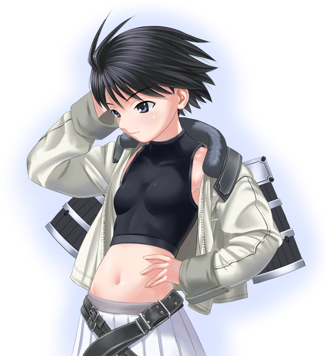 1girl, antenna_hair, belt, black_eyes, black_hair, hand_on_hip, idolmaster, jacket