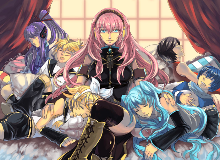 crossed_legs, detached_sleeves, everyone, hatsune_miku, kagamine_len, kagamine_rin, kaito, kamui_gakupo