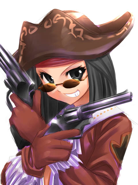 1girl, corsair, corsair_(final_fantasy), dual_wielding, final_fantasy, final_fantasy_xi, gloves, grin, gun, hume, smile, solo, sunglasses, tori, tori_(torinchi), weapon