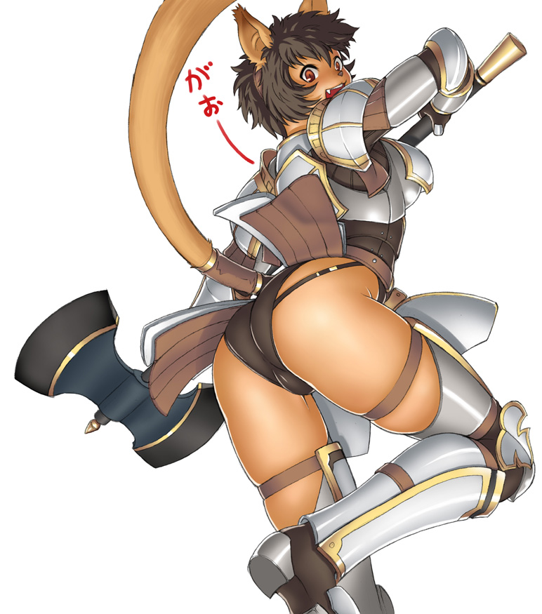 1girl, animal_ears, armor, ass, axe, cat_ears, cat_tail, dark_skin