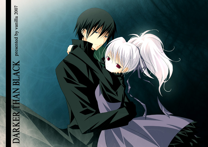 1boy, 1girl, couple, darker_than_black, dress, hei, hetero, hug, purple_dress, vanilla_(artist), vanilla_(nicolla), white_hair, yin