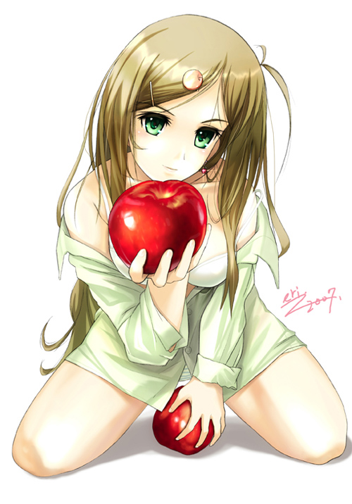1girl, apple, bra, elysion, eri_(artist), food, fruit, holding