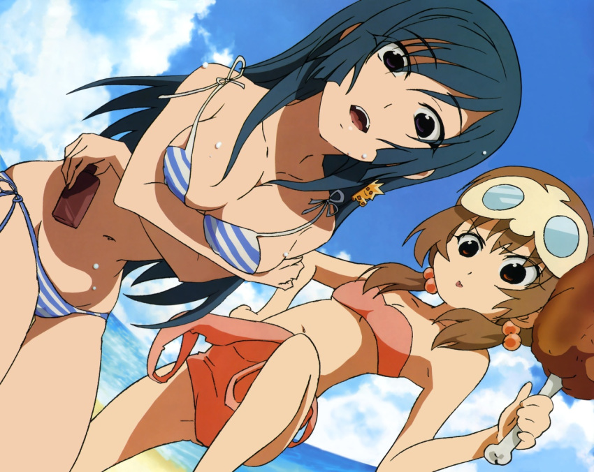 2girls, :d, :p, age_difference, armpits, bandeau, bangs, bare_shoulders