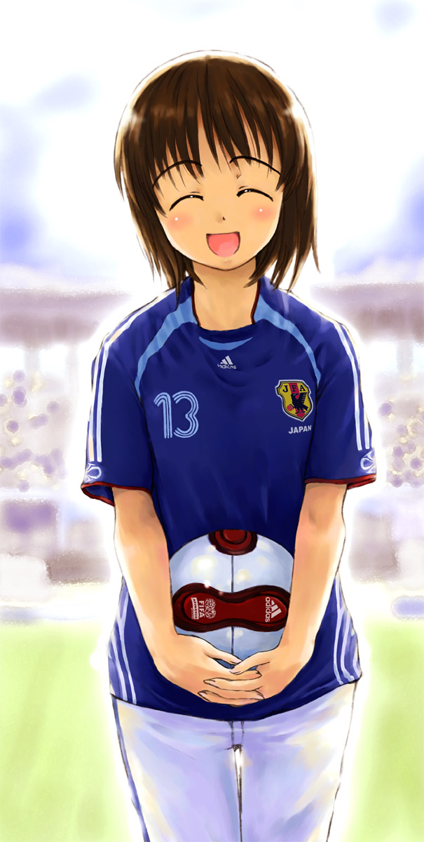 1girl, 2006_fifa_world_cup, adidas, ball, clothes_writing, highres, japan, ooshiro_youkou