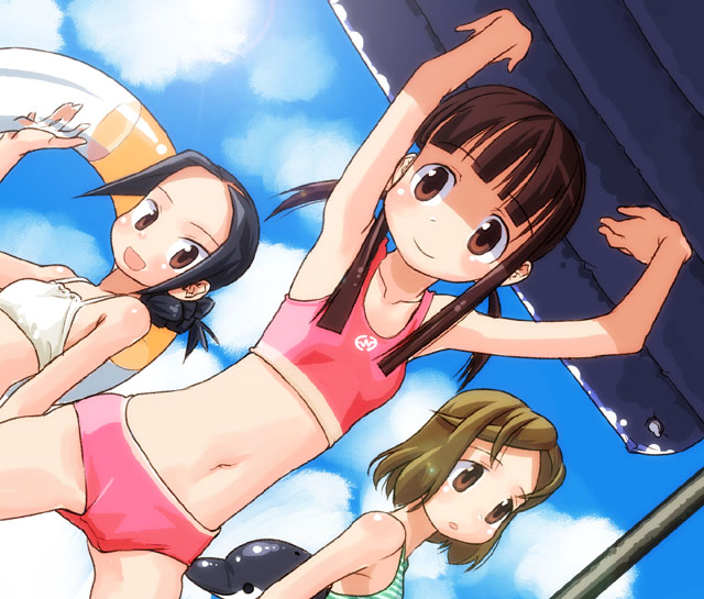 3girls, arms_up, beach, bikini, black_hair, brown_eyes, brown_hair, home_room, innertube, kajii_motoko, long_hair, midriff, multiple_girls, nagatsuki_misoka, raft, short_hair, sky, swimsuit