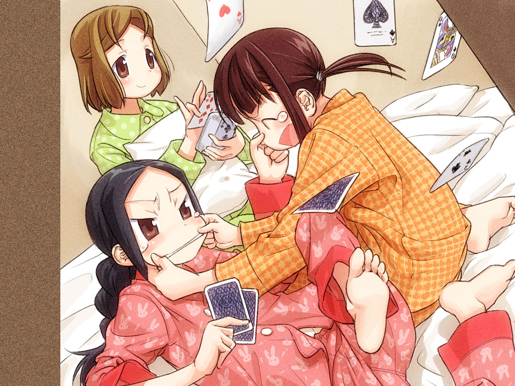 3girls, angry, barefoot, bed, card, cheek_pinching, closed_eyes, dutch_angle