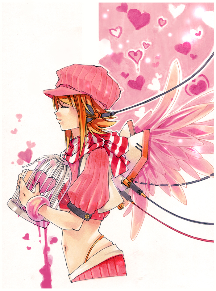 1girl, bracelet, closed_eyes, hat, headphones, heart, jewelry, jonathan_liang, midriff, navel, orange_hair, panties, scarf, short_hair, solo, thong, too, toounit, underwear, wings