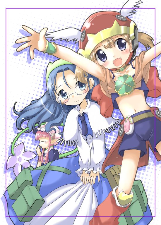 3girls, akazukin, bangs, belt, blue_eyes, blue_hair, blunt_bangs, blush