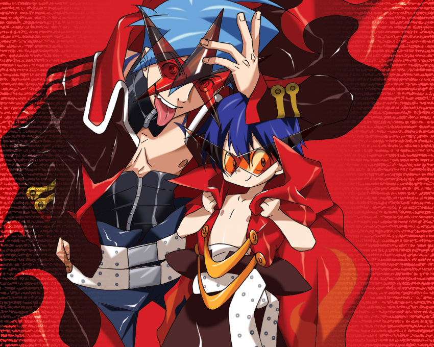 2boys, blue_hair, bodypaint, cape, cosplay, costume_switch, glasses, kamina