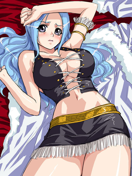 1girl, alabasta, armlet, blue_eyes, blue_hair, blush, breasts, cleavage
