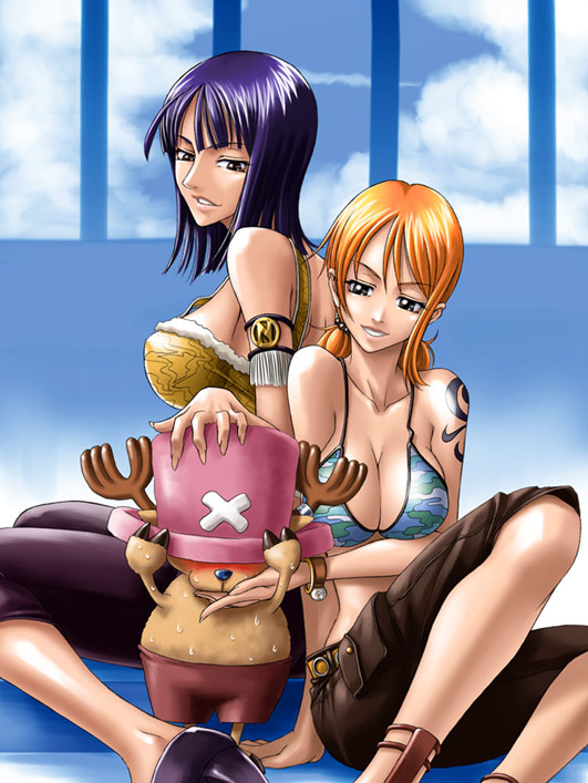 1boy, 2girls, bikini, blue_hair, blush, breasts, capri_pants, cleavage