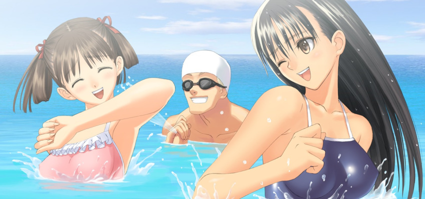 1boy, 2girls, armpits, black_hair, blush, brown_eyes, casual_one-piece_swimsuit, closed_eyes