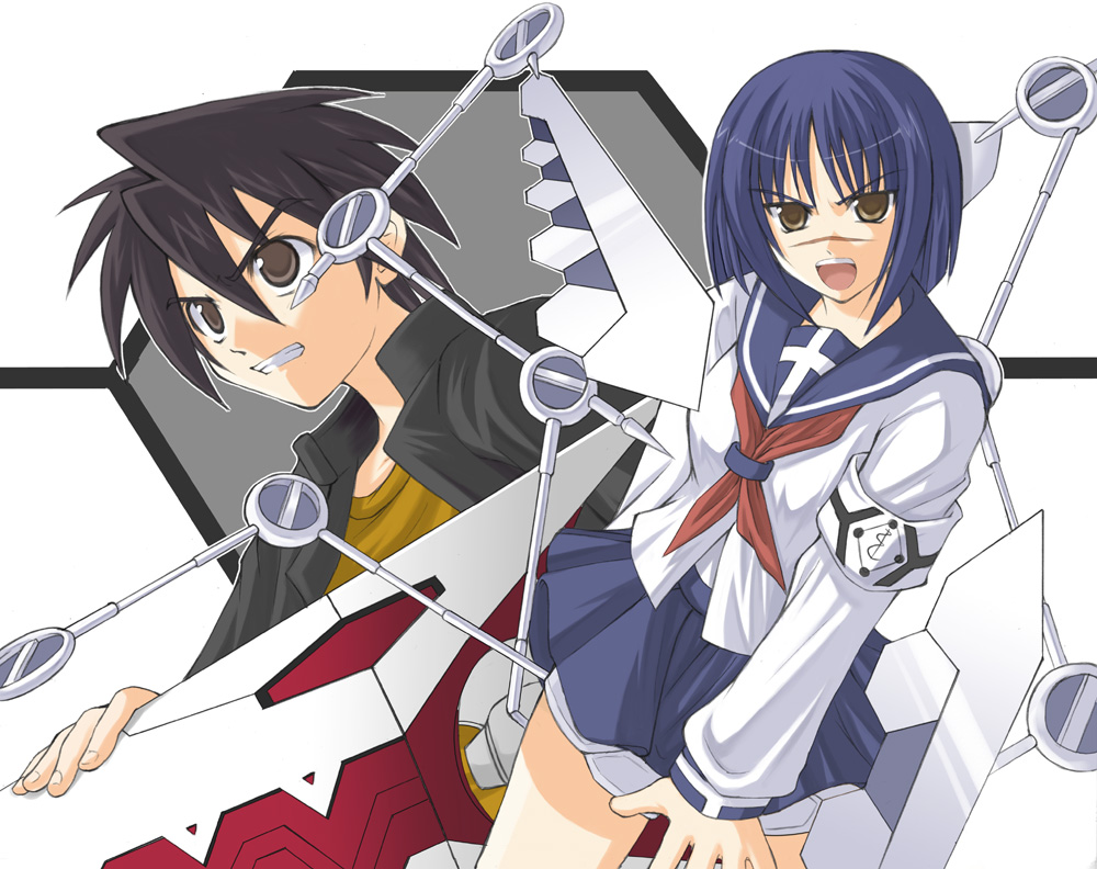 1boy, 1girl, akino_hamo, bob_cut, busou_renkin, hamo, mutou_kazuki, scar